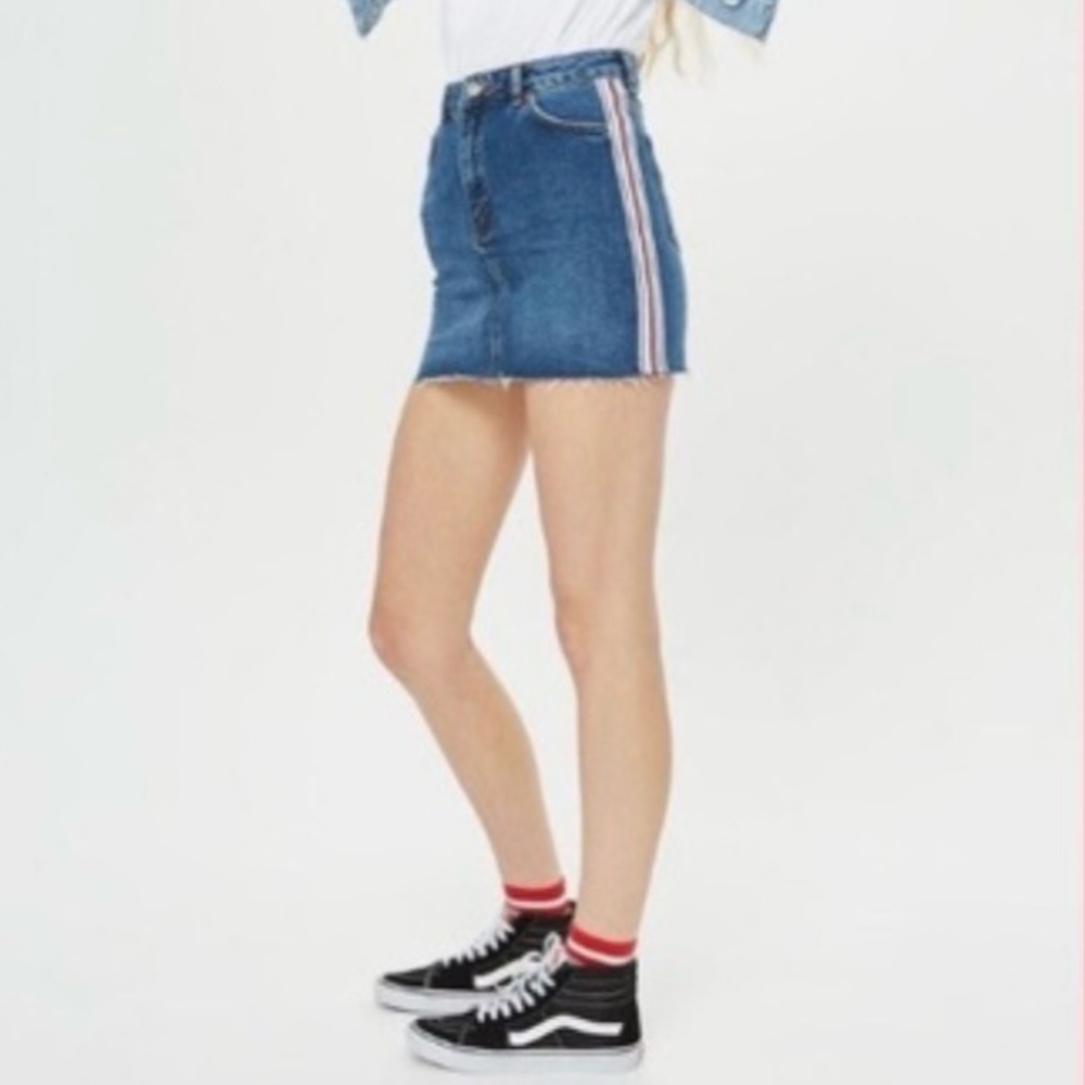 Topshop Moto Denim Skirt Raw Hem Mini Skirt with Side Stripe Detail, Size 6